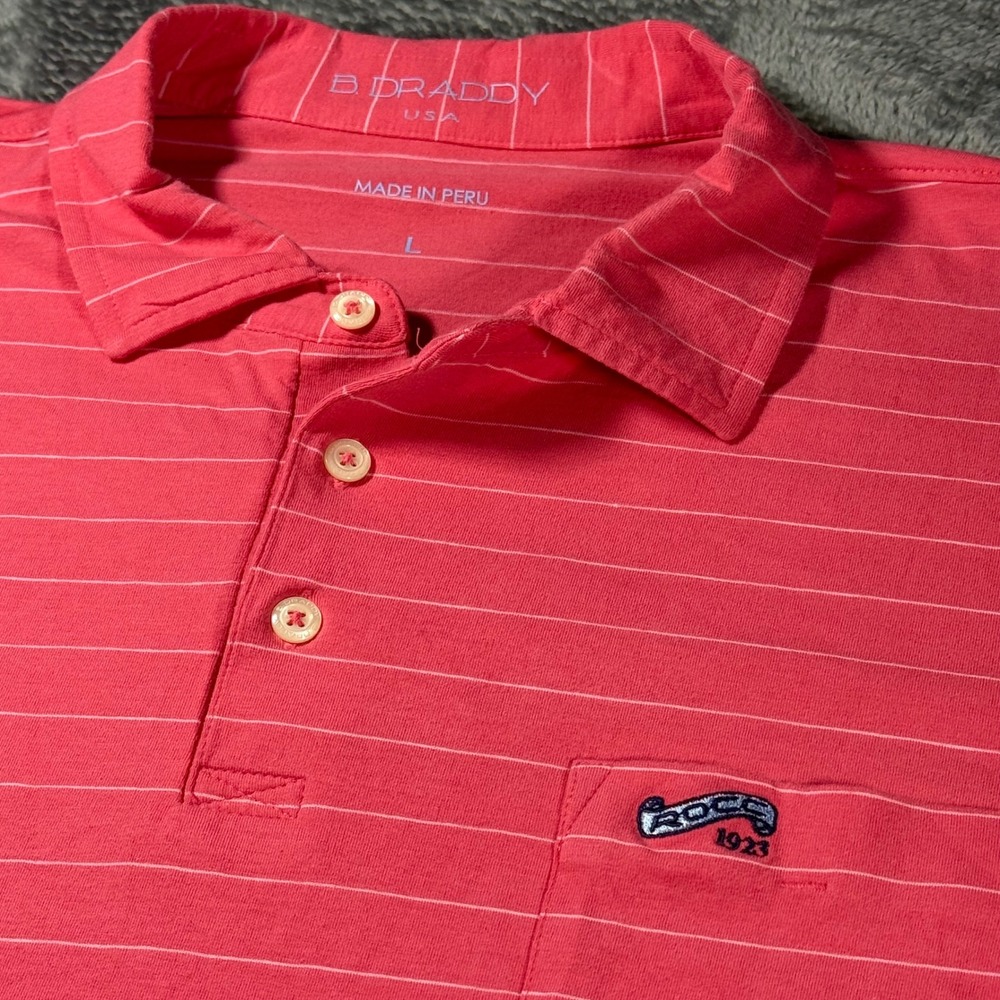 BDRADDY Mens L Coral Pink Striped Pima Cotton Stretch Golf Polo Shirt River Oaks - Picture 3 of 8